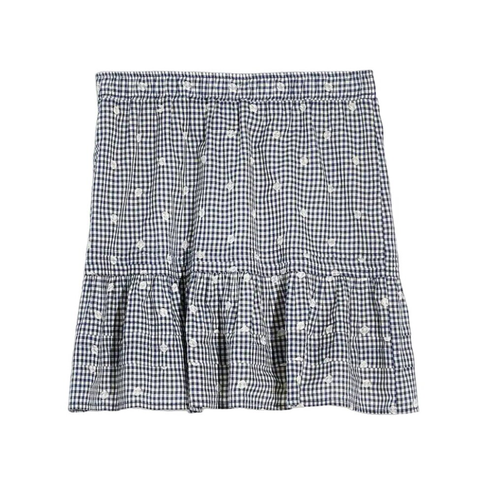 Madewell Plaid Embroidered Tiered Pull-On Mini Skirt Gingham Check Blue White 3X